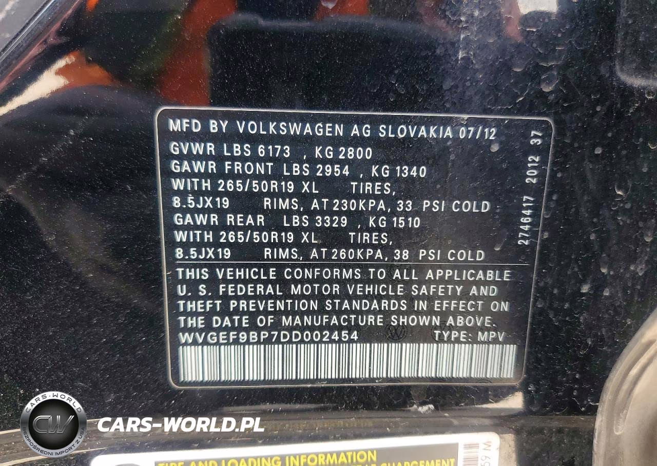2013 Volkswagen Touareg V6 VIN:WVGEF9BP7DD002454 - 13
