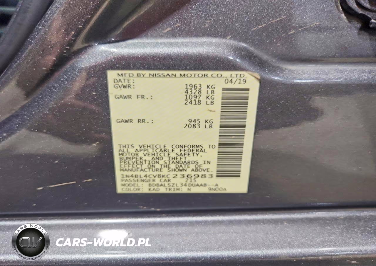 2019 Nissan Altima Sr VIN:1N4BL4CV8KC236983 - 12