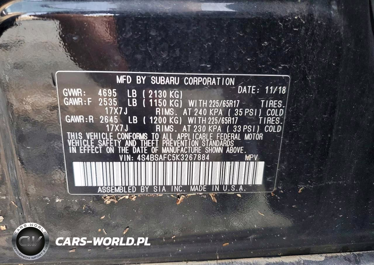 2019 Subaru Outback 2.5I Premium VIN:4S4BSAFC5K3267884 - 12