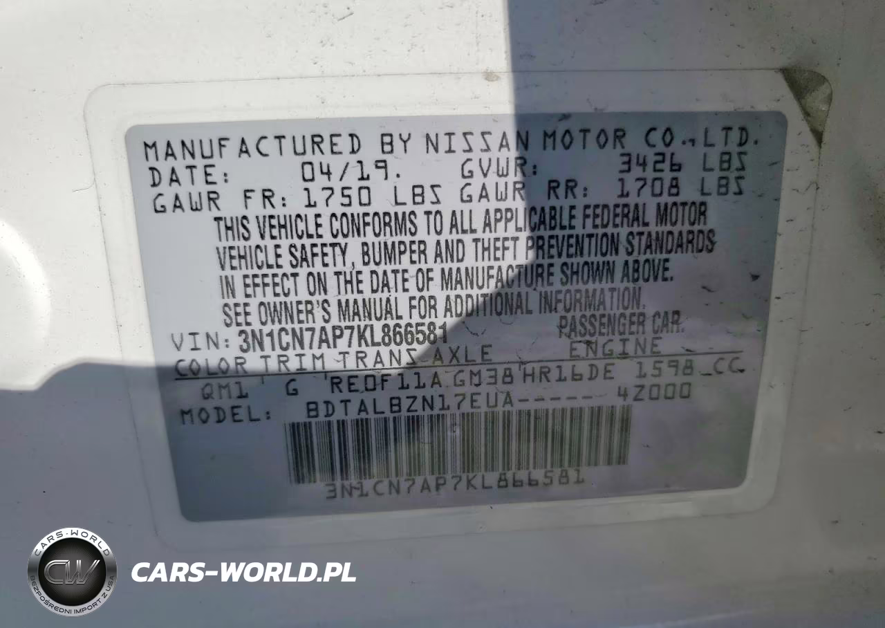 2019 Nissan Versa Sv VIN:3N1CN7AP7KL866581 - 12