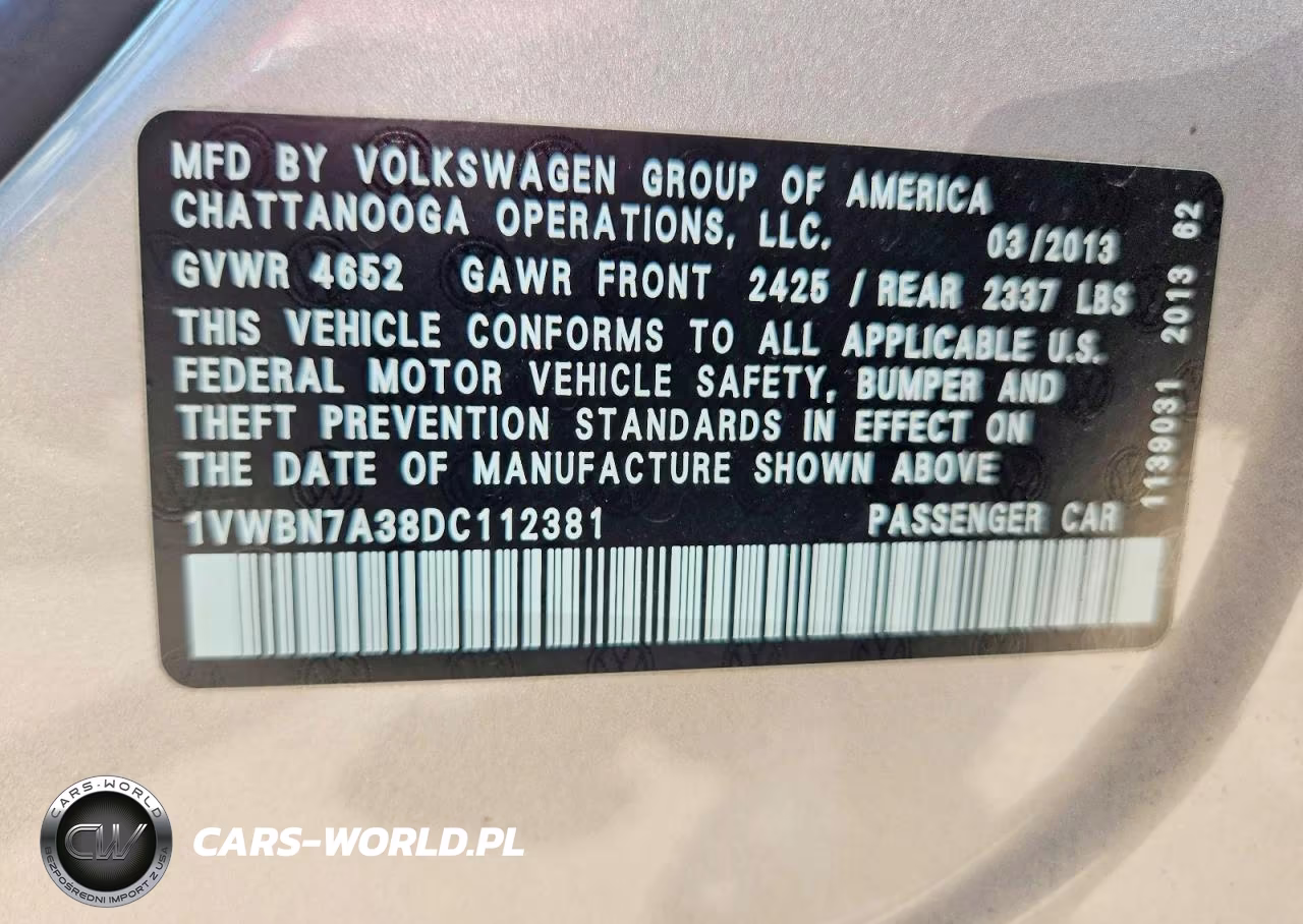2013 Volkswagen Passat Se VIN:1VWBN7A38DC112381 - 12