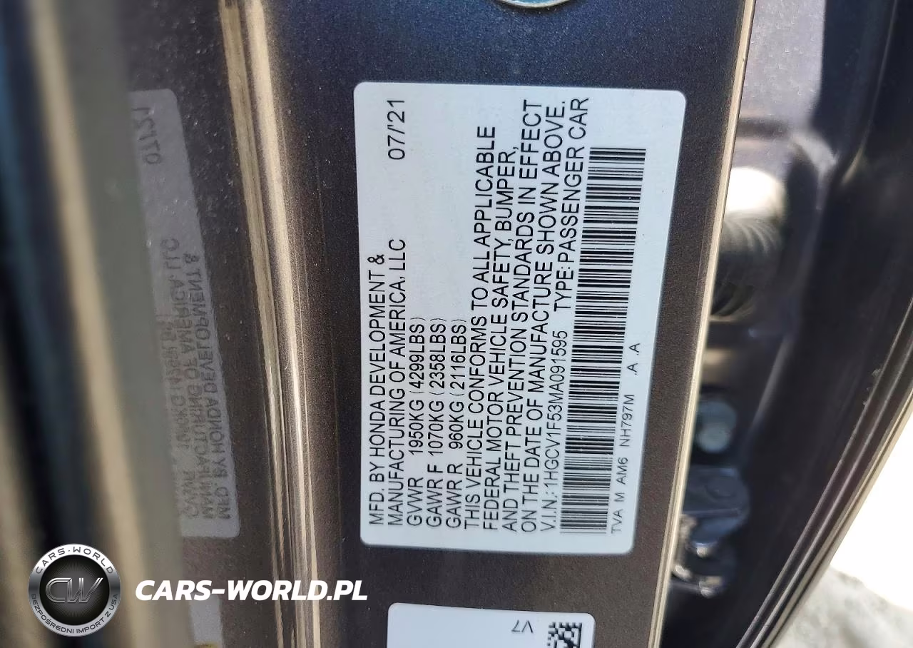 2021 Honda Accord Exl VIN:1HGCV1F53MA091595 - 12