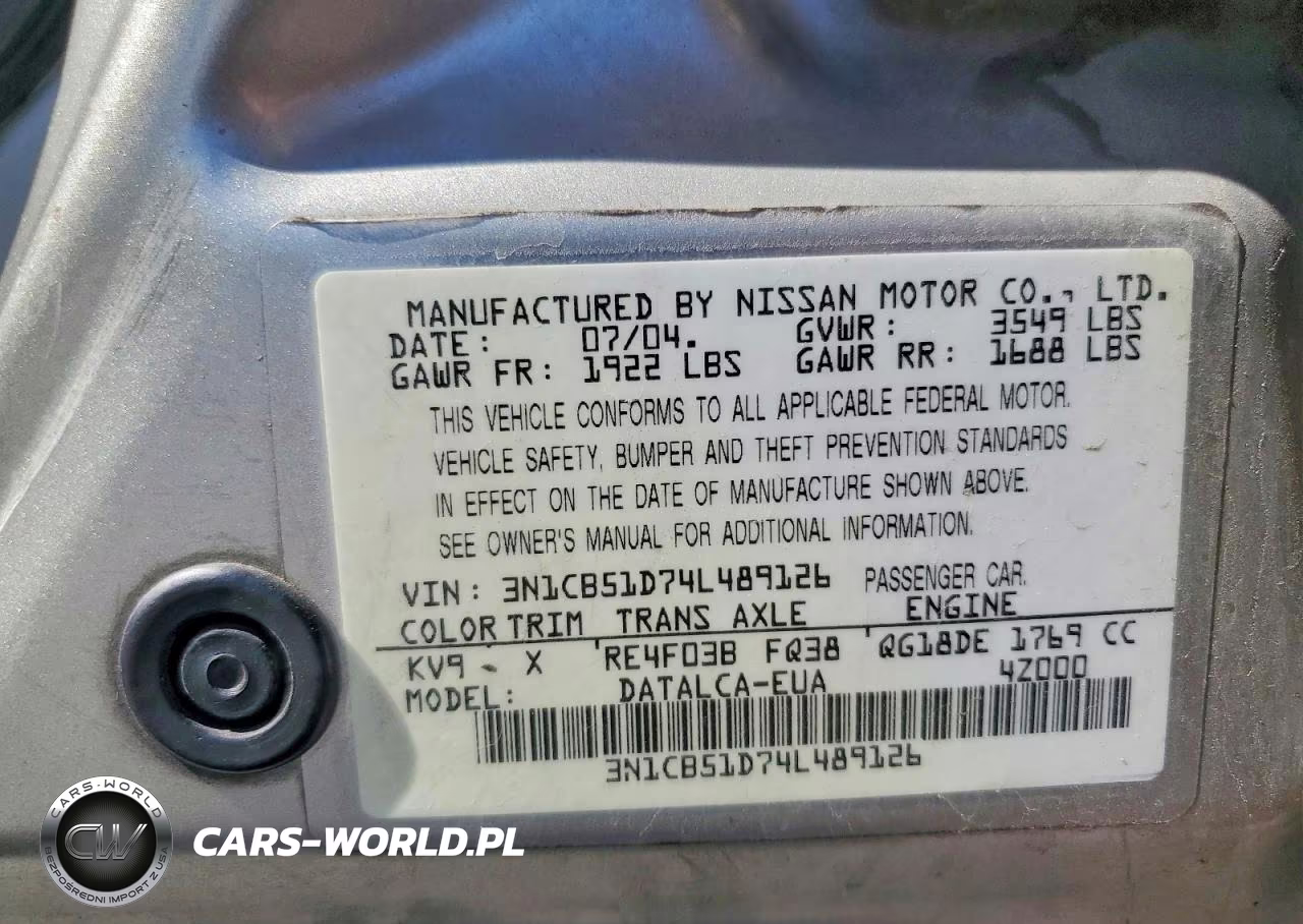 2004 Nissan Sentra 1.8 VIN:3N1CB51D74L489126 - 12