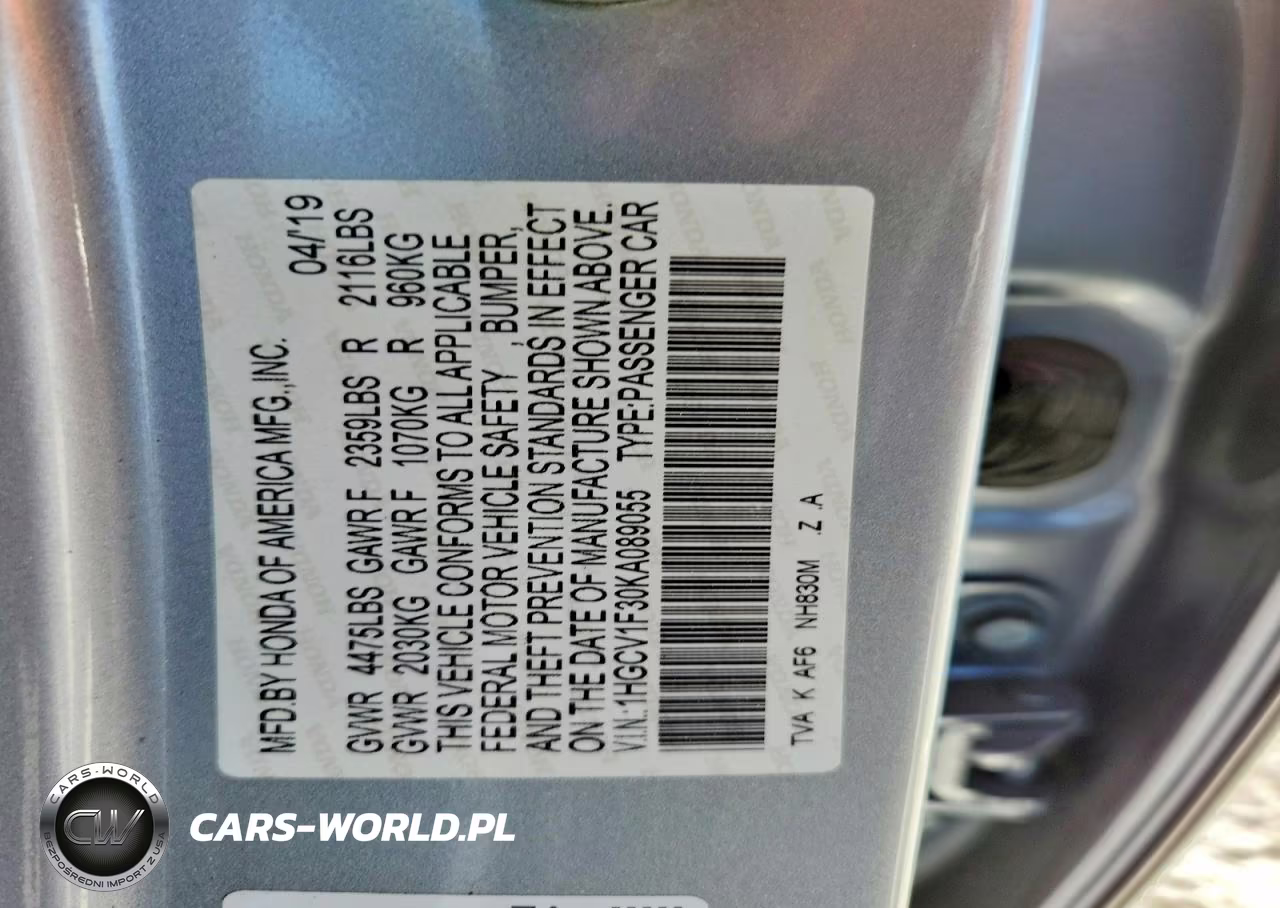 2019 Honda Accord Sport VIN:1HGCV1F30KA089055 - 12