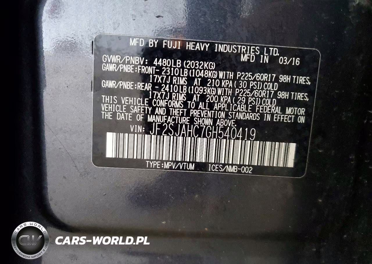2016 Subaru Forester 2.5I Limited VIN:JF2SJAHC7GH540419 - 13