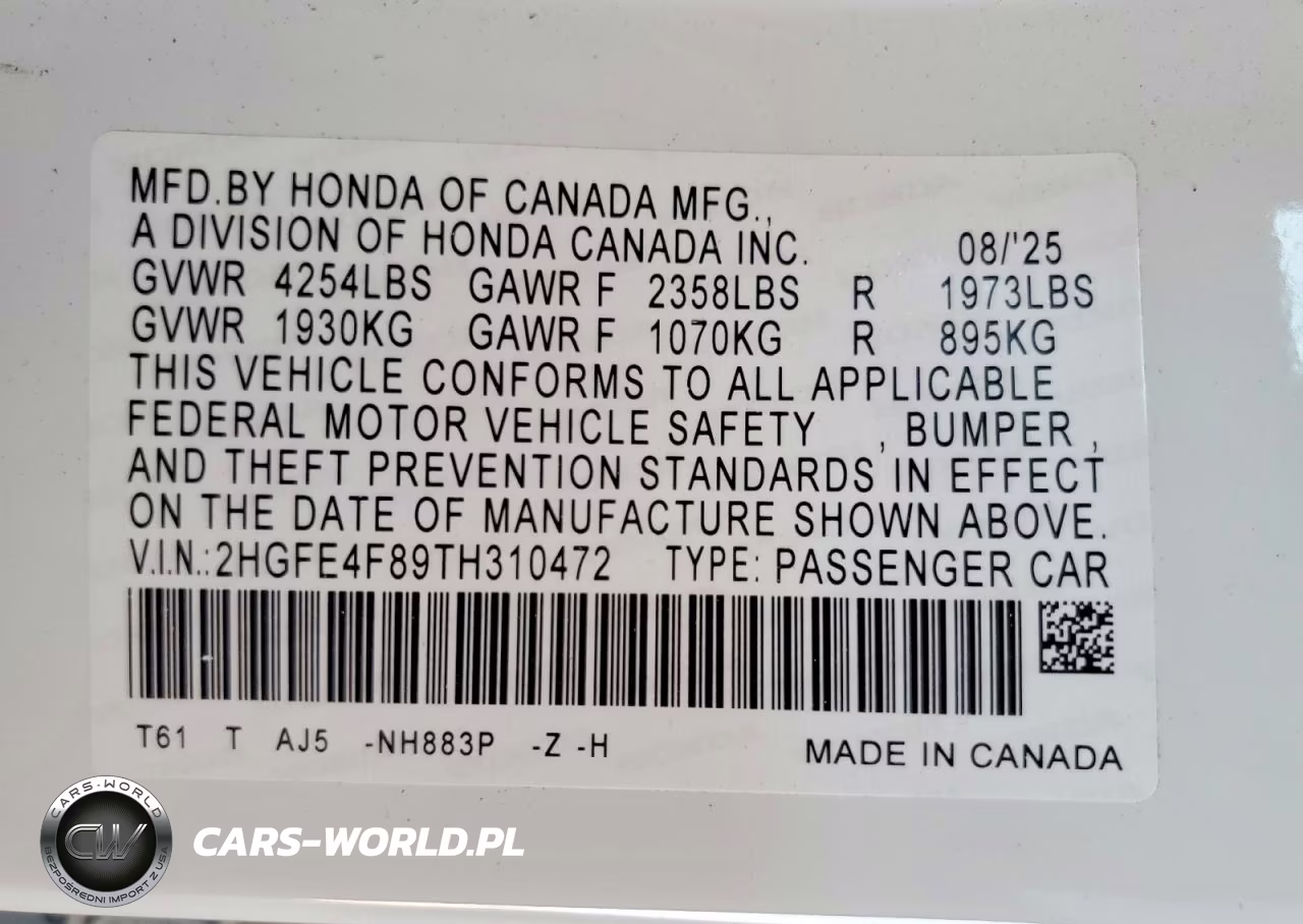 2026 Honda Civic Sport VIN:2HGFE4F89TH310472 - 12