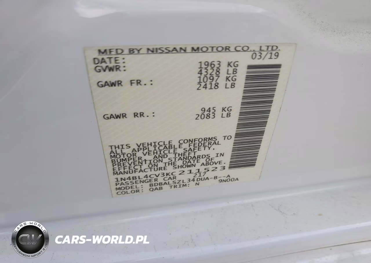 2019 Nissan Altima Sr VIN:1N4BL4CV3KC211523 - 12
