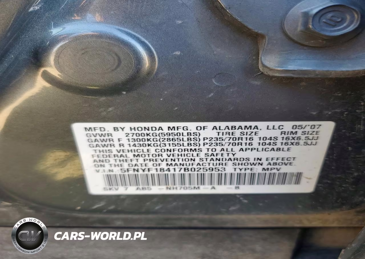 2007 Honda Pilot Ex VIN:5FNYF18417B025953 - 13