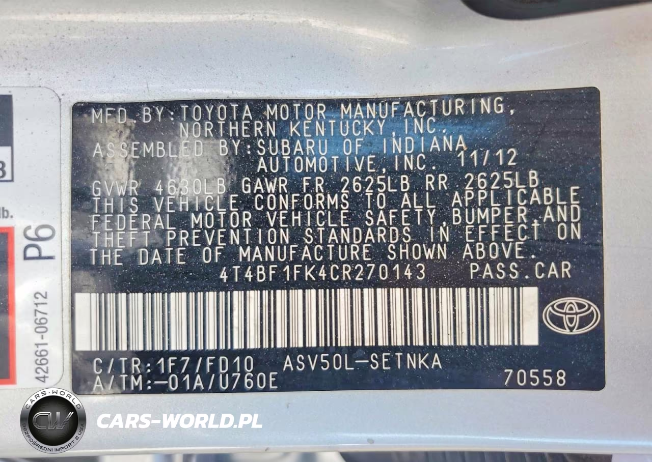 2012 Toyota Camry Base VIN:4T4BF1FK4CR270143 - 12