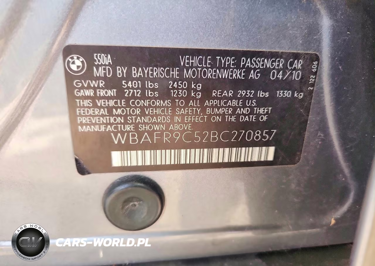 2011 BMW 550 I VIN:WBAFR9C52BC270857 - 12
