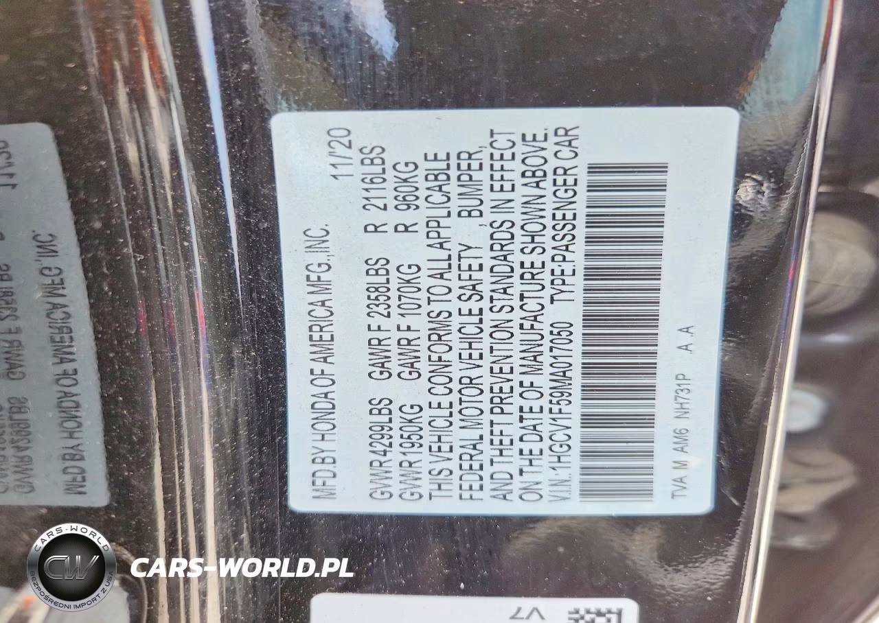 2021 Honda Accord Exl VIN:1HGCV1F59MA017050 - 12