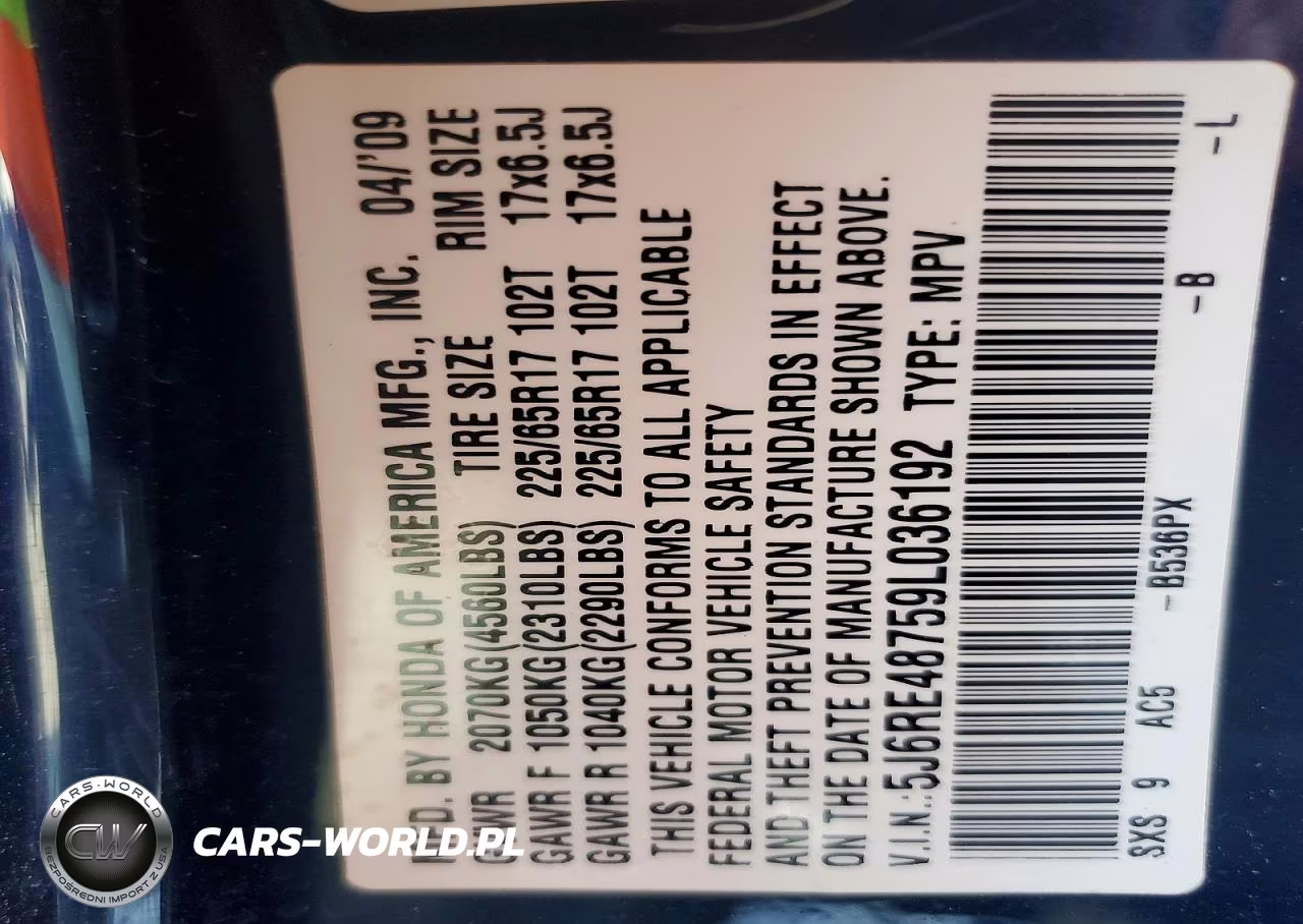 2009 Honda Cr-V Exl VIN:5J6RE48759L036192 - 13