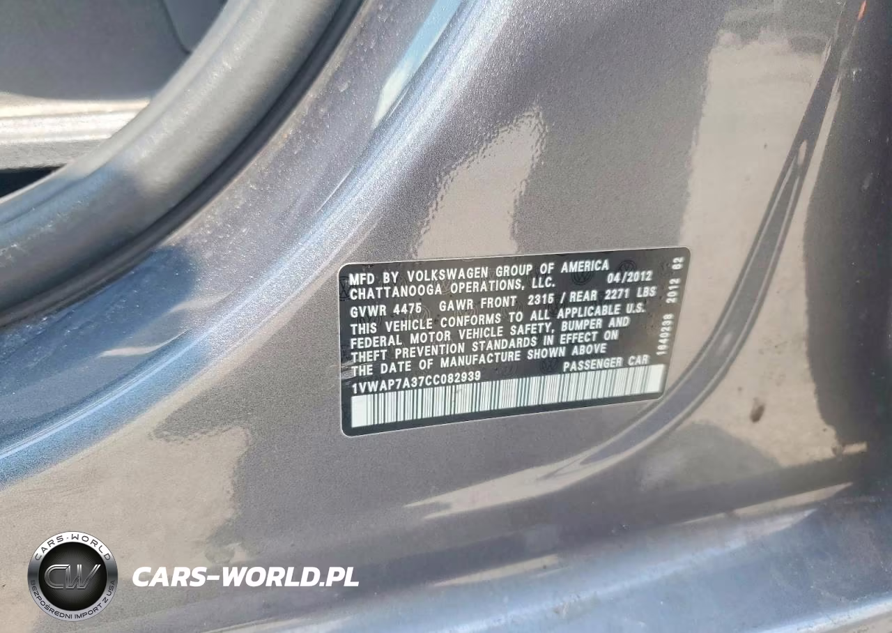 2012 Volkswagen Passat S VIN:1VWAP7A37CC082939 - 12