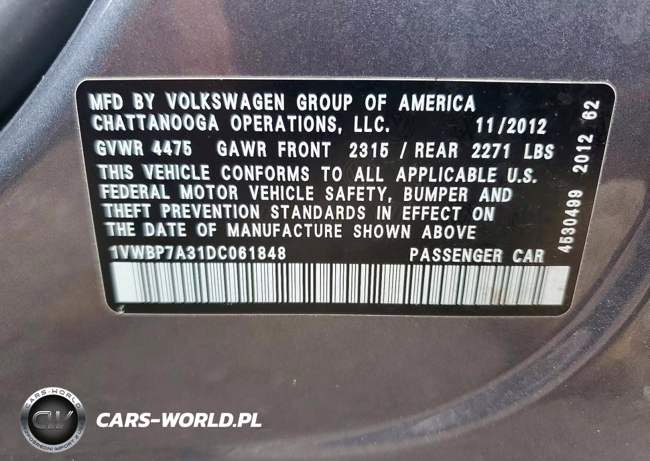 2013 Volkswagen Passat Se VIN:1VWBP7A31DC061848 - 12