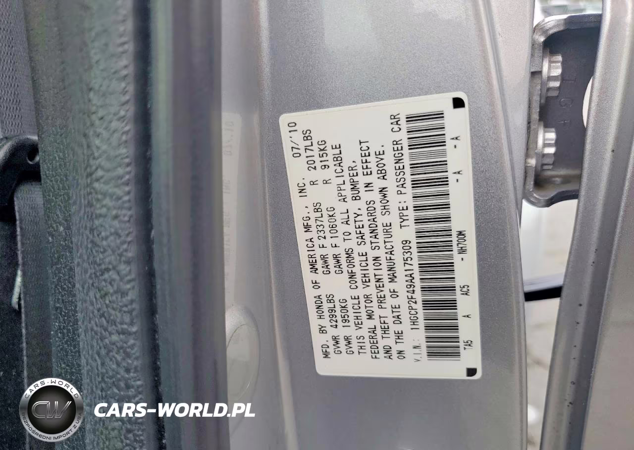 2010 Honda Accord Lxp VIN:1HGCP2F49AA175309 - 12