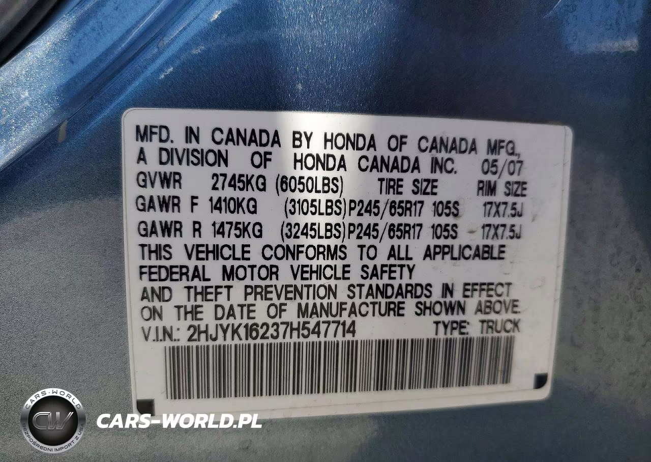 2007 Honda Ridgeline Rt VIN:2HJYK16237H547714 - 12