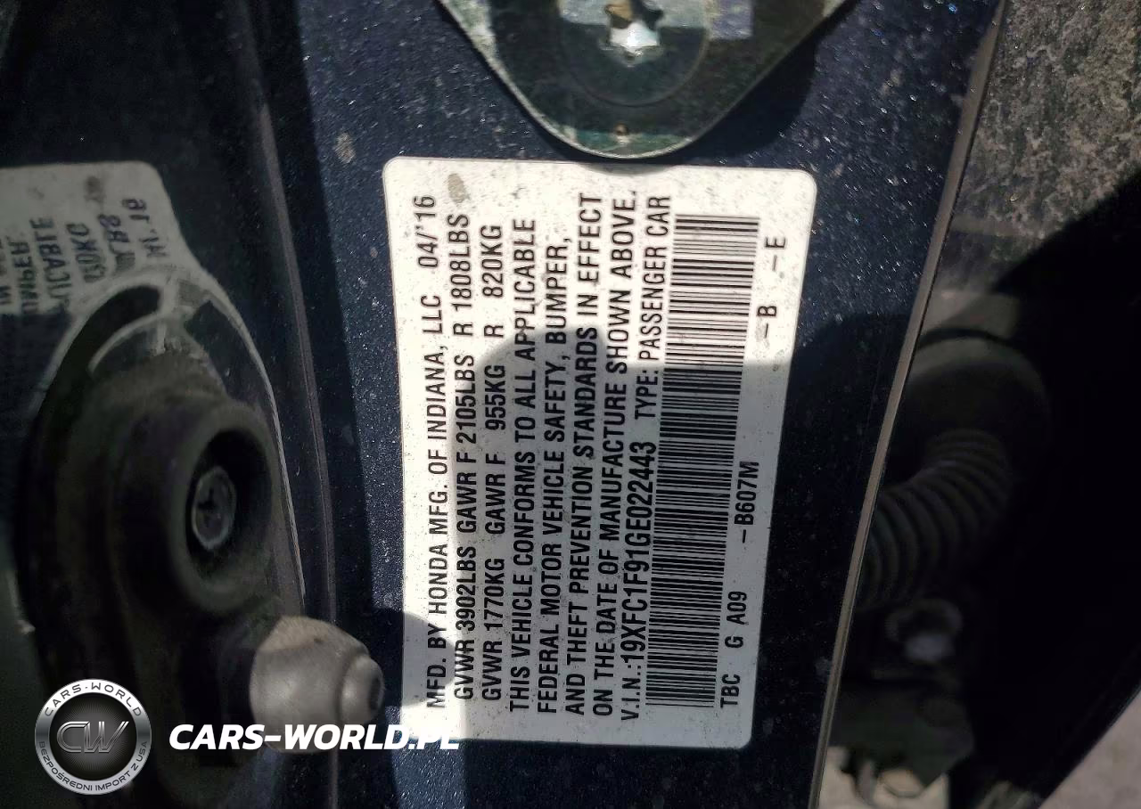 2016 Honda Civic Touring VIN:19XFC1F91GE022443 - 12