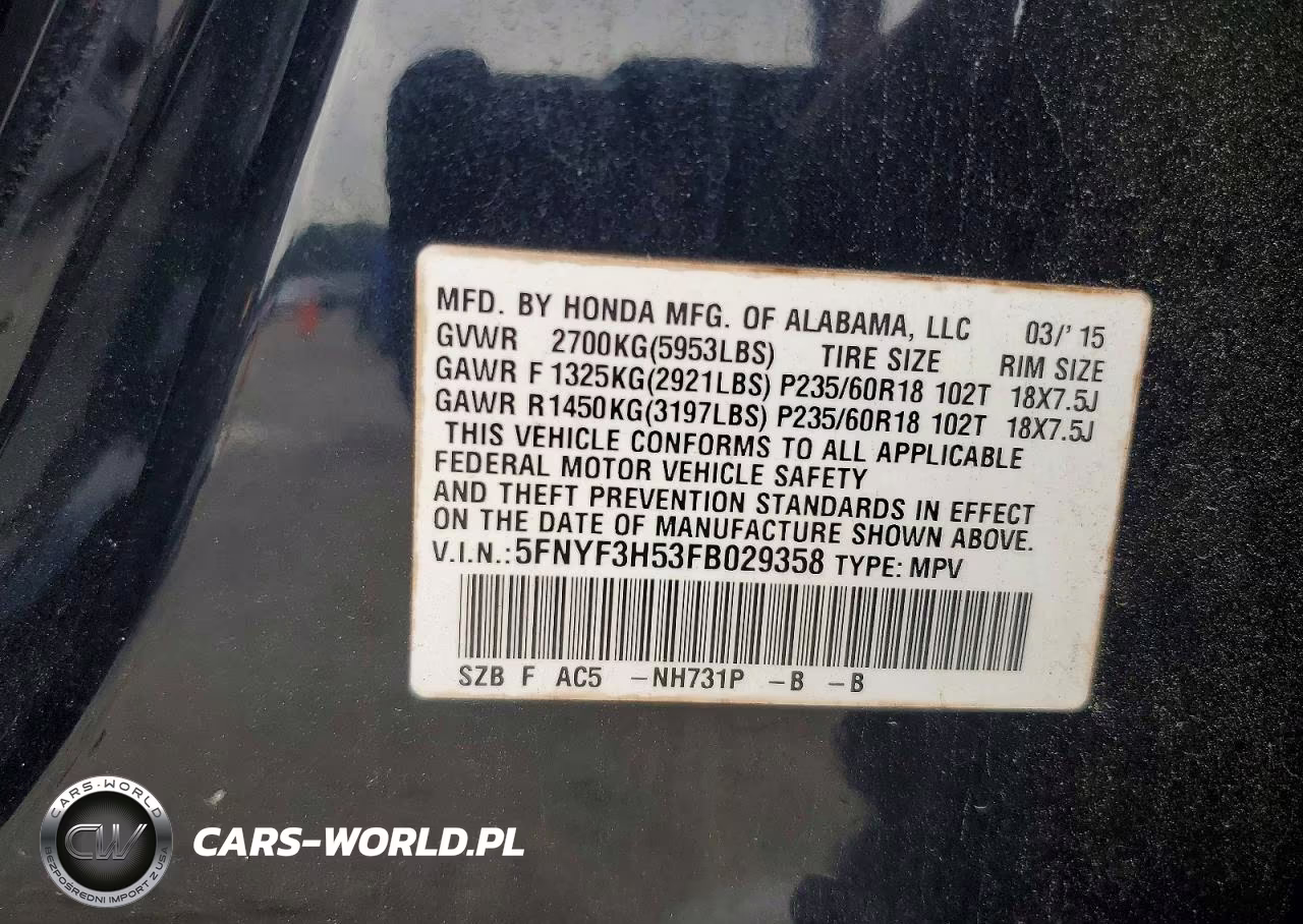 2015 Honda Pilot Exl VIN:5FNYF3H53FB029358 - 14