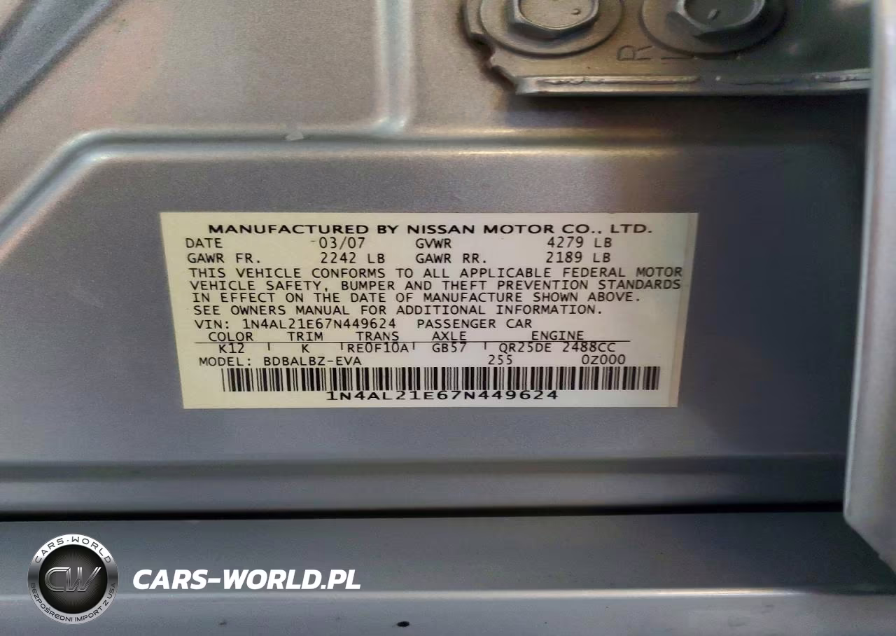 2007 Nissan Altima 2.5 VIN:1N4AL21E67N449624 - 13