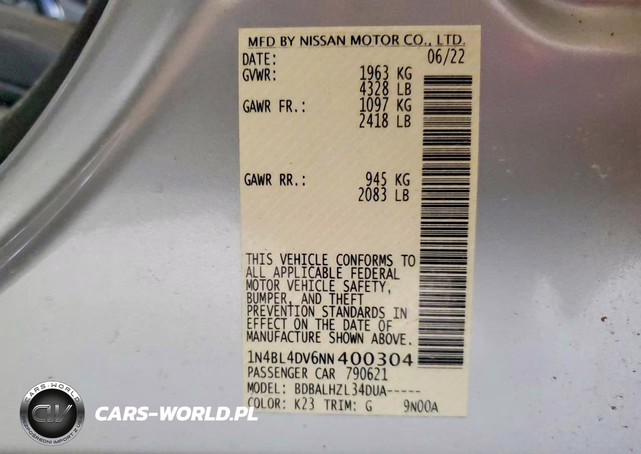 2022 Nissan Altima Sv VIN:1N4BL4DV6NN400304 - 12