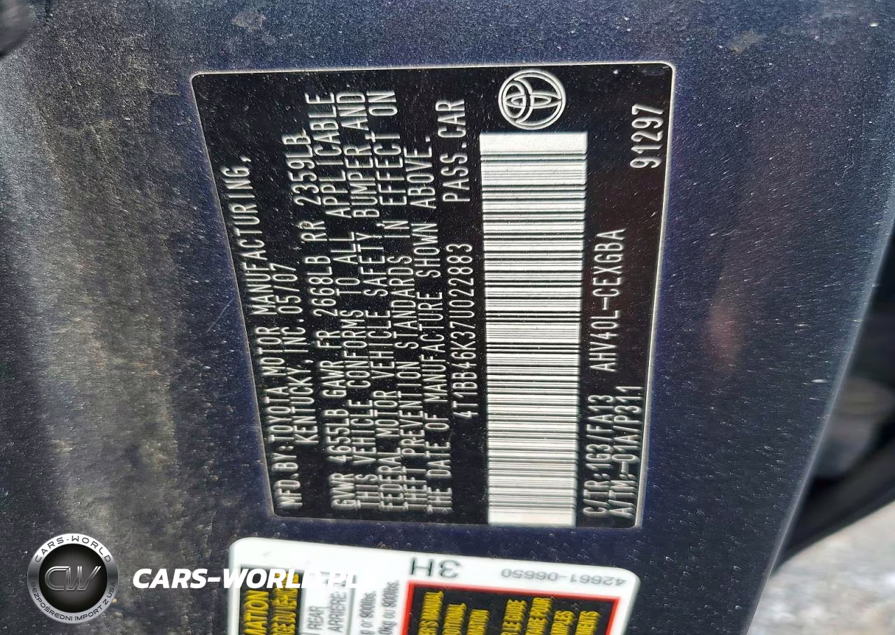2007 Toyota Camry Hybrid VIN:4T1BB46K37U022883 - 12