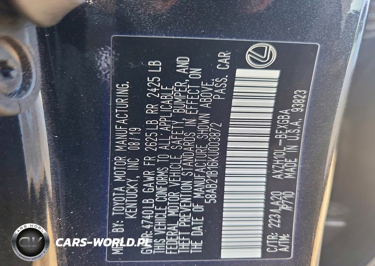 2019 Lexus Es 300H VIN:58AB21B16KU003872 - 12