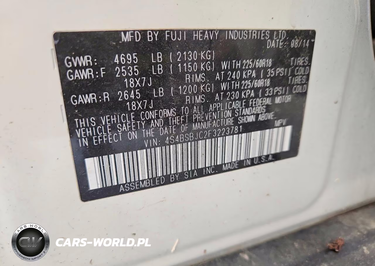 2015 Subaru Outback 2.5I Limited VIN:4S4BSBJC2F3223781 - 12