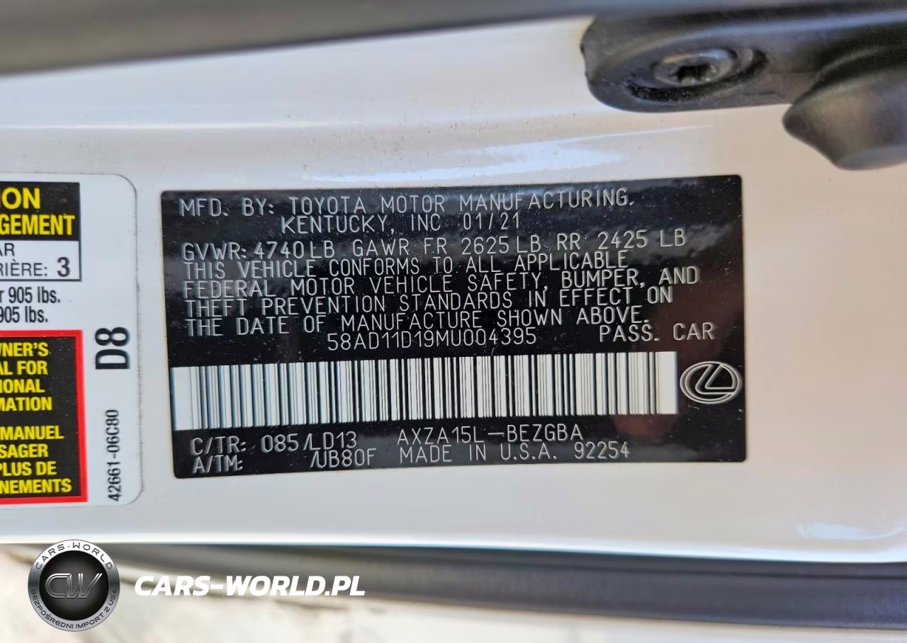 2021 Lexus Es 250 Base VIN:58AD11D19MU004395 - 12