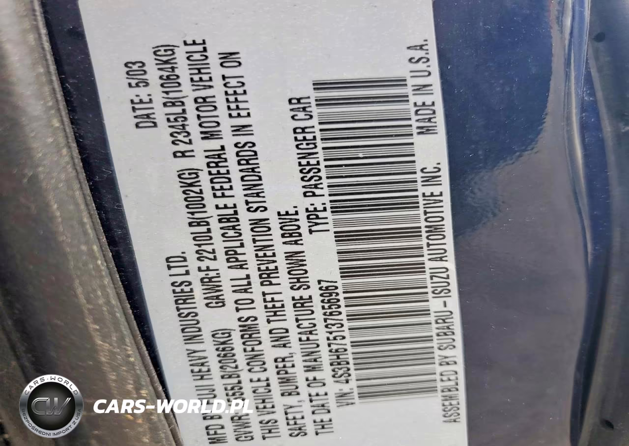 2003 Subaru Legacy Outback Awp VIN:4S3BH675137656967 - 12