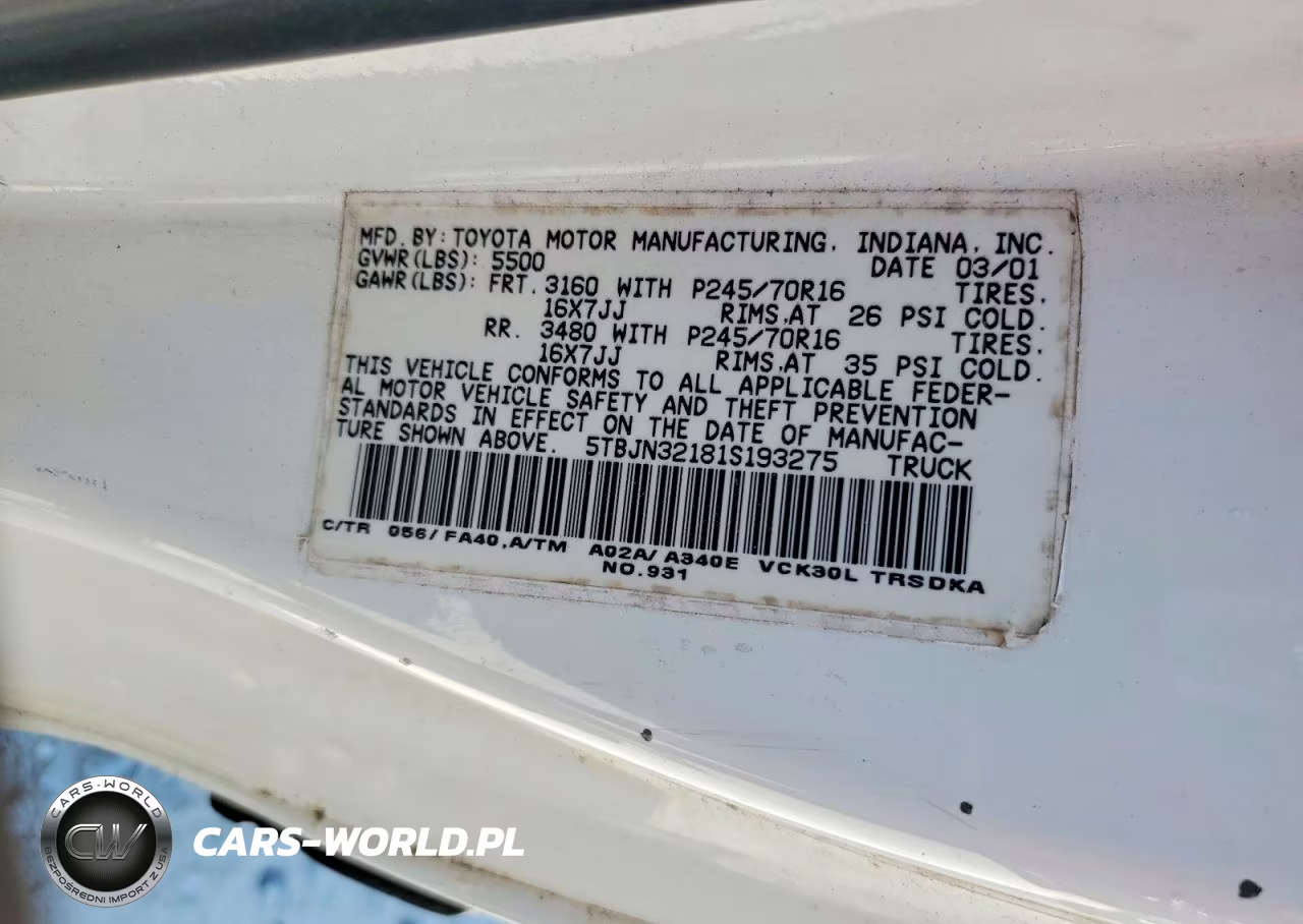 2001 Toyota Tundra Base VIN:5TBJN32181S193275 - 12