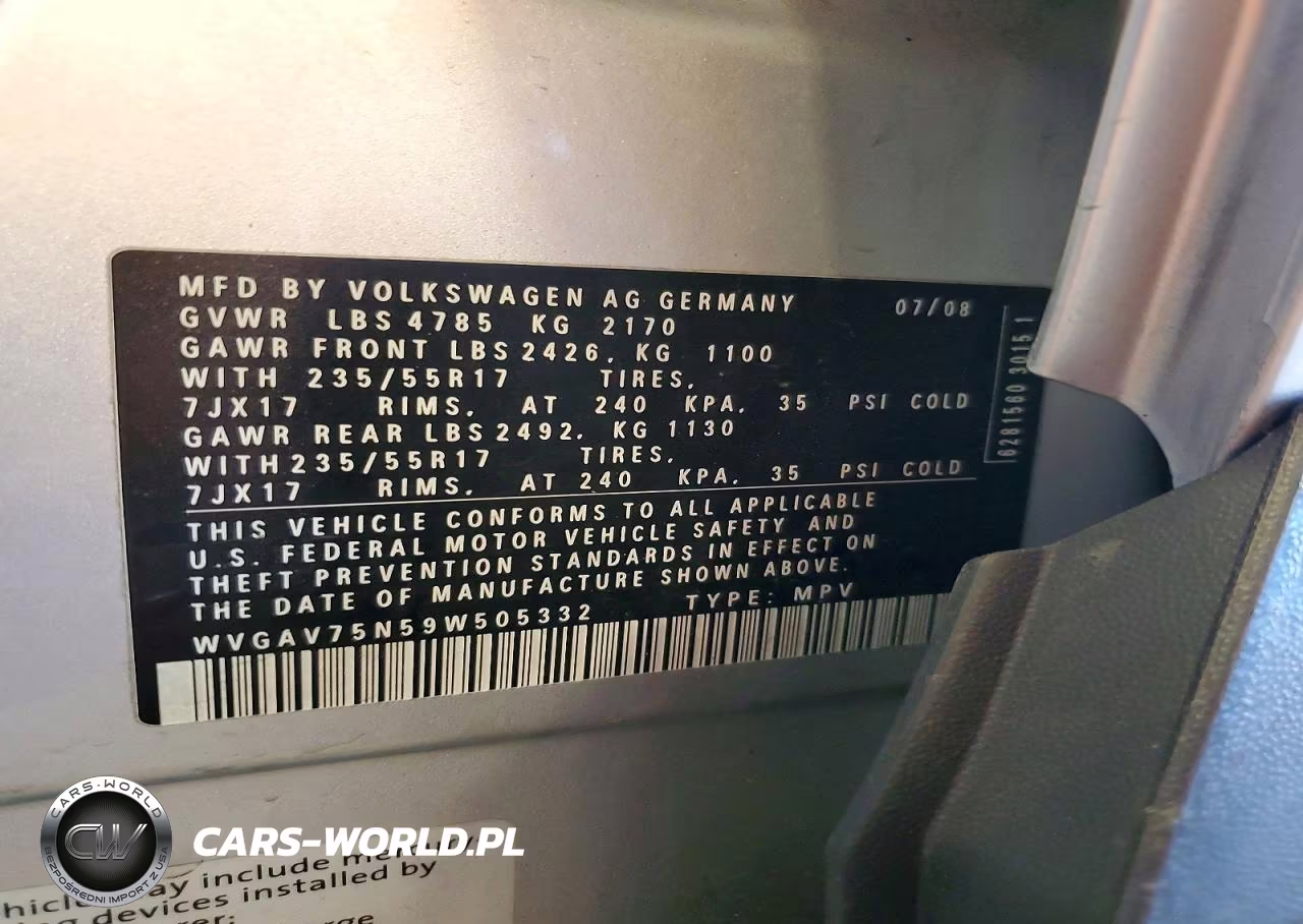 2009 Volkswagen Tiguan S VIN:WVGAV75N59W505332 - 13