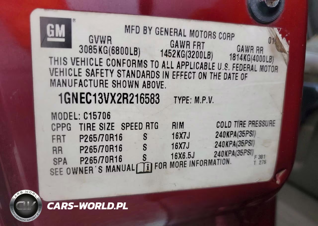 2002 Chevrolet Tahoe C1500 VIN:1GNEC13VX2R216583 - 13