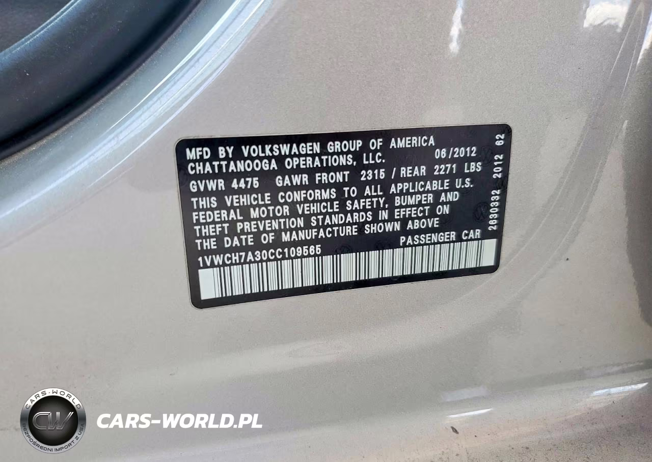 2012 Volkswagen Passat Sel VIN:1VWCH7A30CC109565 - 12