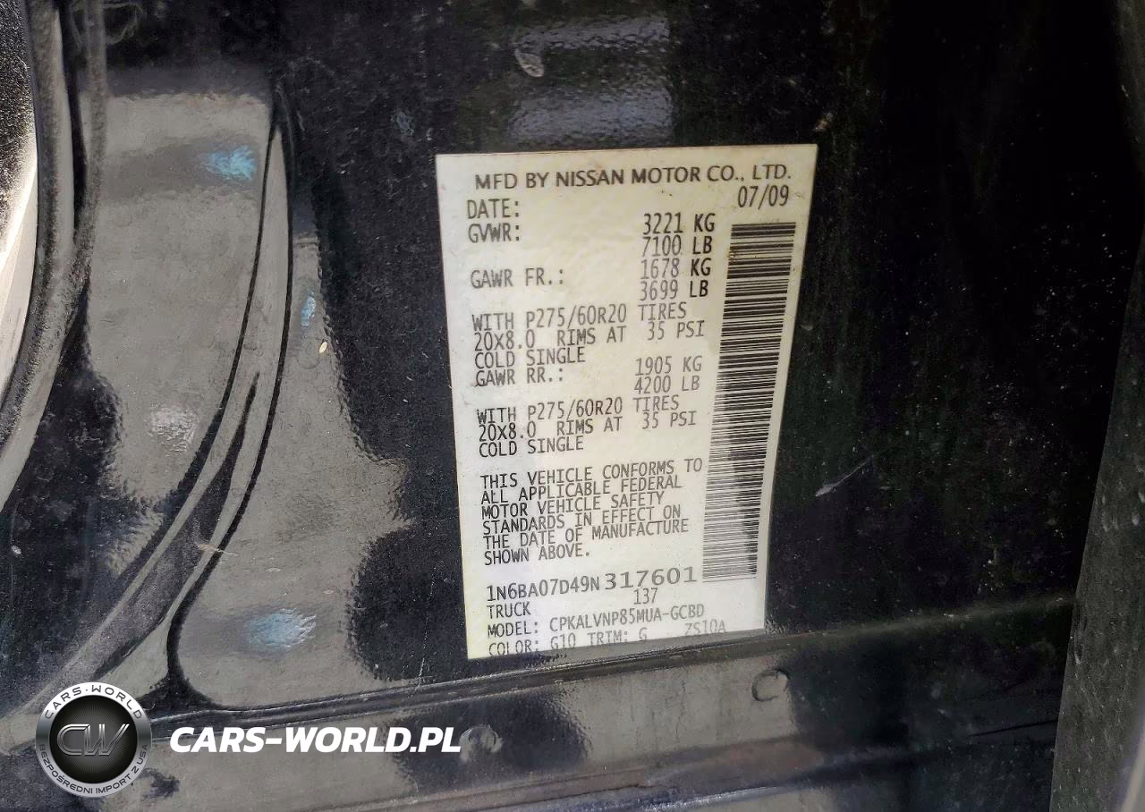 2009 Nissan Titan Xe Ffv VIN:1N6BA07D49N317601 - 12