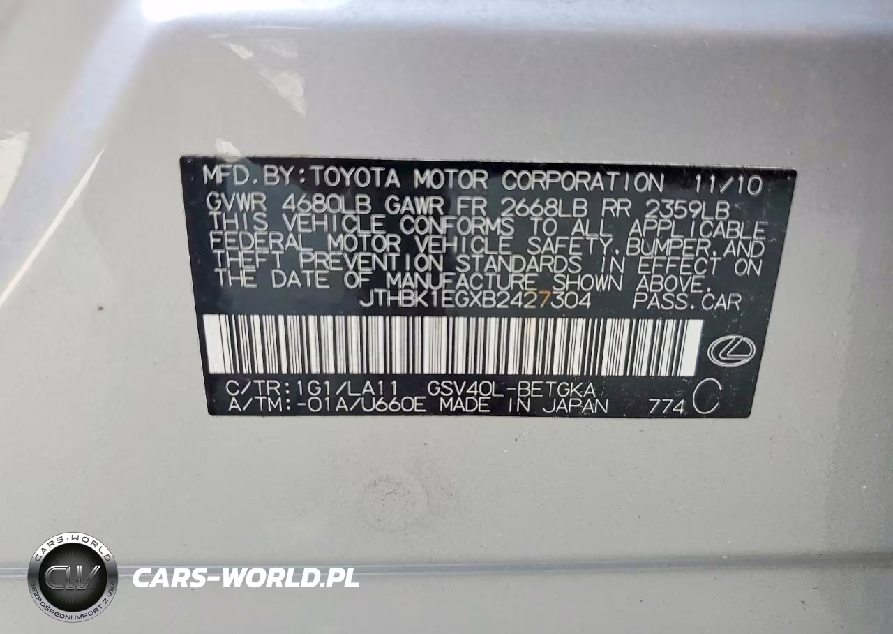 2011 Lexus Es 350 VIN:JTHBK1EGXB2427304 - 12