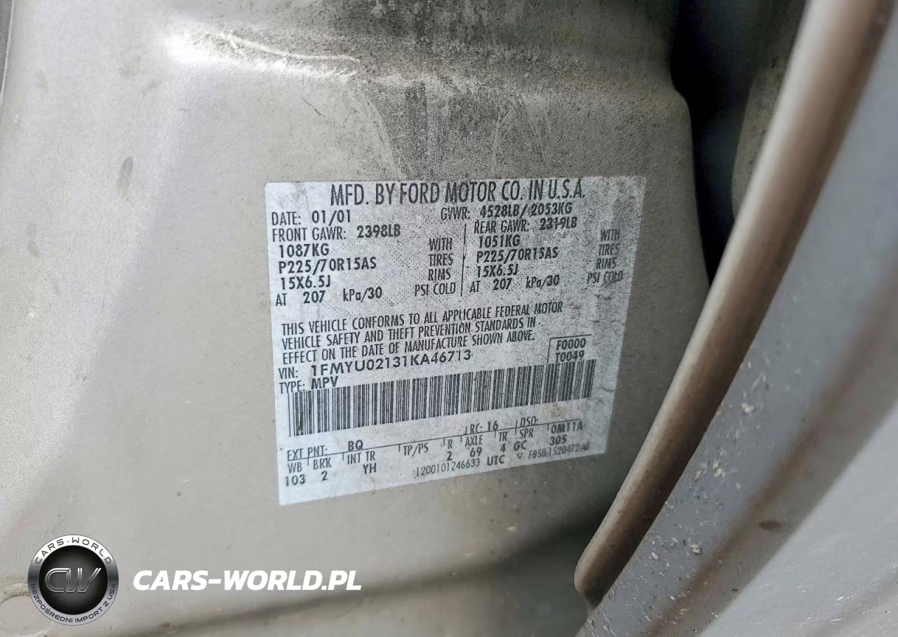 2001 Ford Escape Xls 103 Wb VIN:1FMYU02131KA46713 - 13