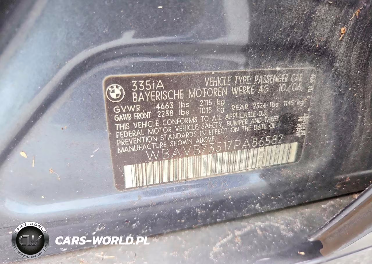 2007 BMW 335 I VIN:WBAVB73517PA86582 - 12