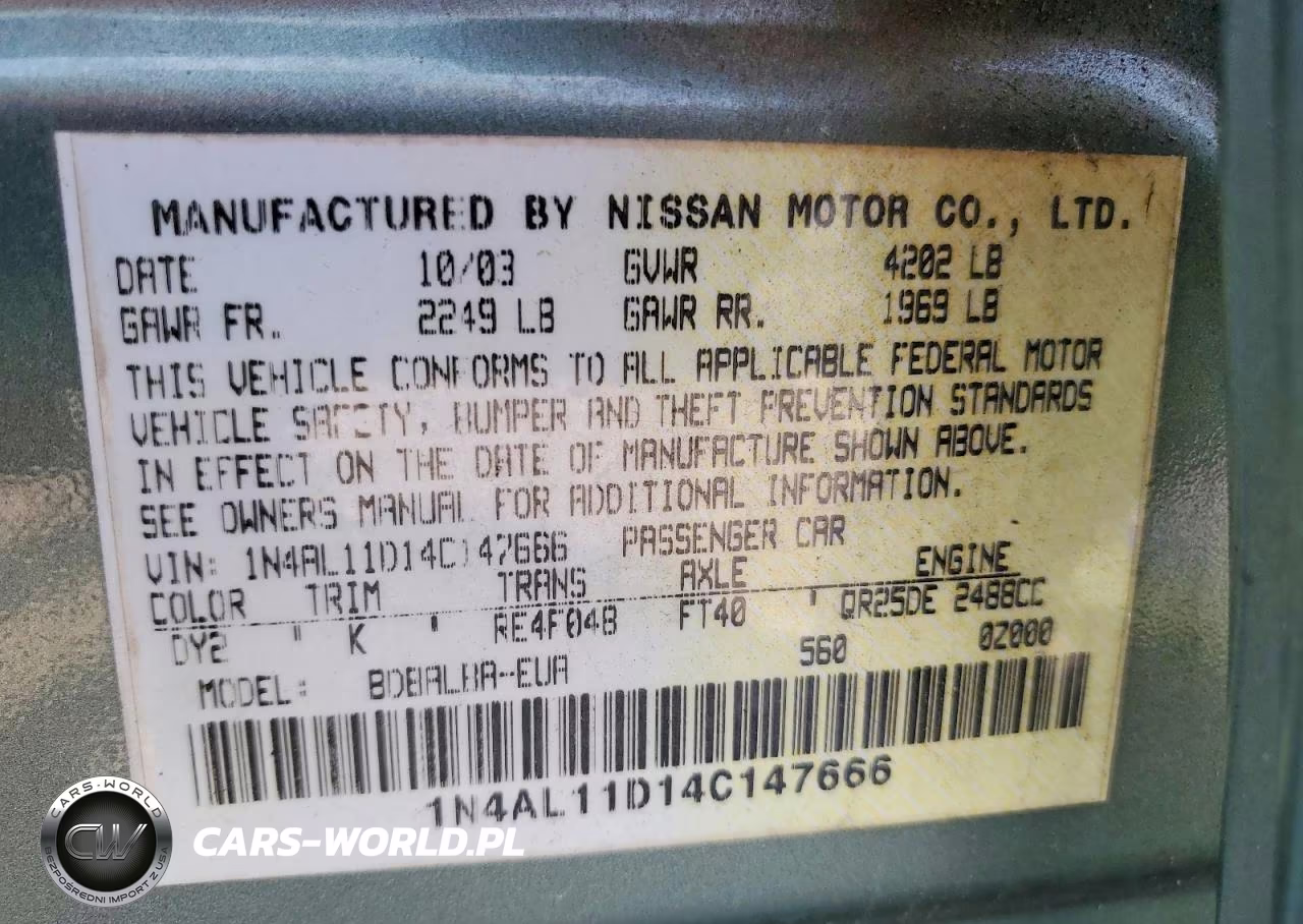 2004 Nissan Altima 2.5 VIN:1N4AL11D14C147666 - 12