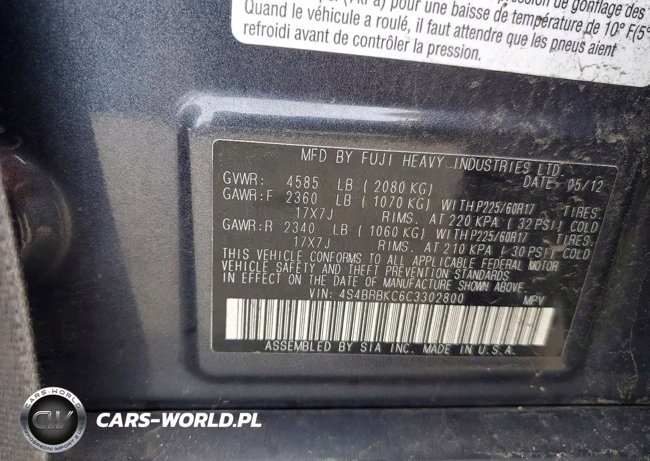 2012 Subaru Outback 2.5I Limited VIN:4S4BRBKC6C3302800 - 12