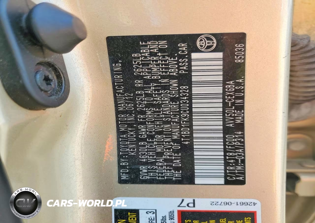2012 Toyota Camry Hybrid Xle VIN:4T1BD1FK9CU034328 - 12