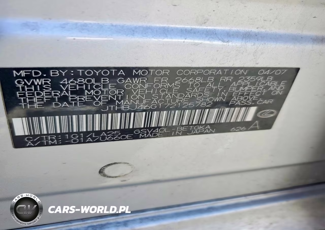 2007 Lexus Es 350 VIN:JTHBJ46G172125782 - 12