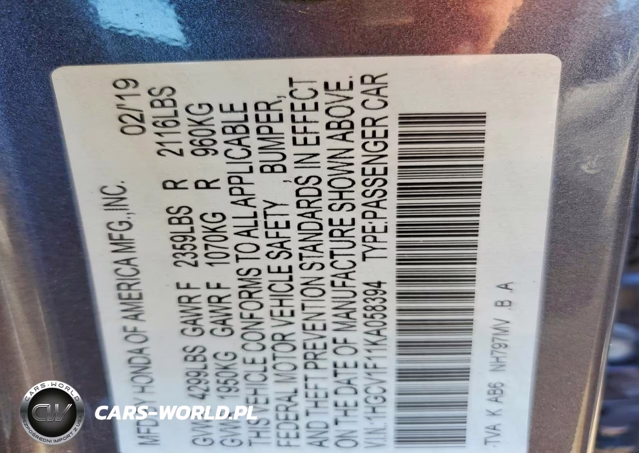 2019 Honda Accord Lx VIN:1HGCV1F11KA058394 - 12