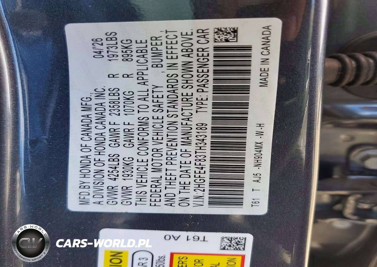 2026 Honda Civic Sport VIN:2HGFE4F83TH343189 - 12