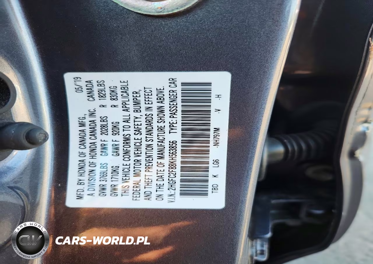 2019 Honda Civic Sport VIN:2HGFC2F88KH563856 - 12