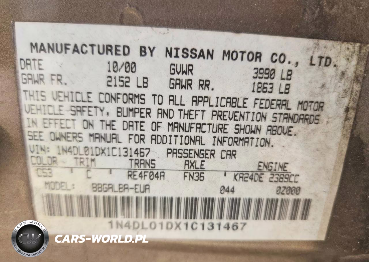 2001 Nissan Altima Xe VIN:1N4DL01DX1C131467 - 12