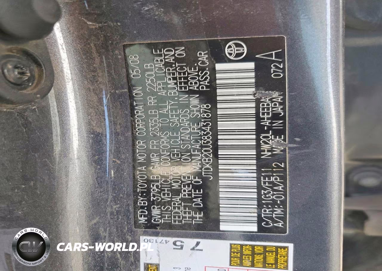 2008 Toyota Prius Base VIN:JTDKB20U383431878 - 12
