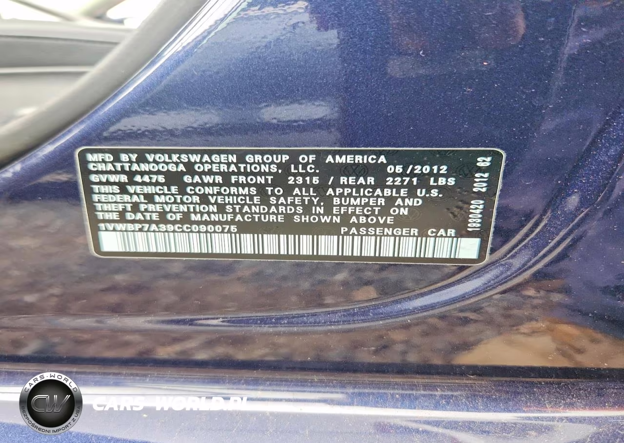 2012 Volkswagen Passat Se VIN:1VWBP7A39CC090075 - 12