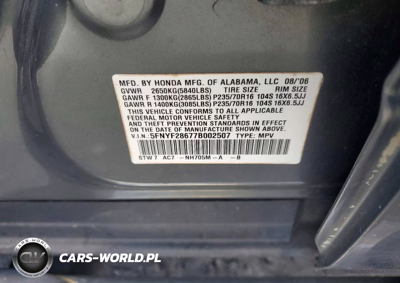 2007 Honda Pilot Exl VIN:5FNYF28677B002507 - 13