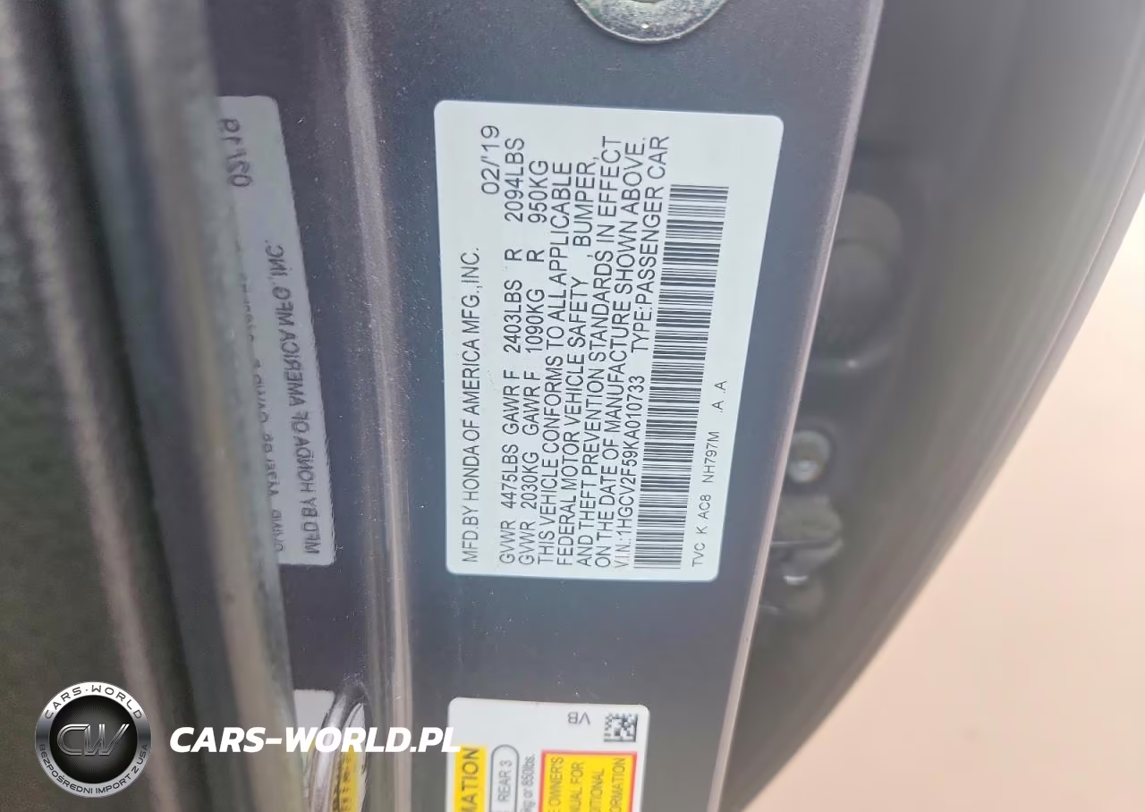 2019 Honda Accord Exl VIN:1HGCV2F59KA010733 - 12