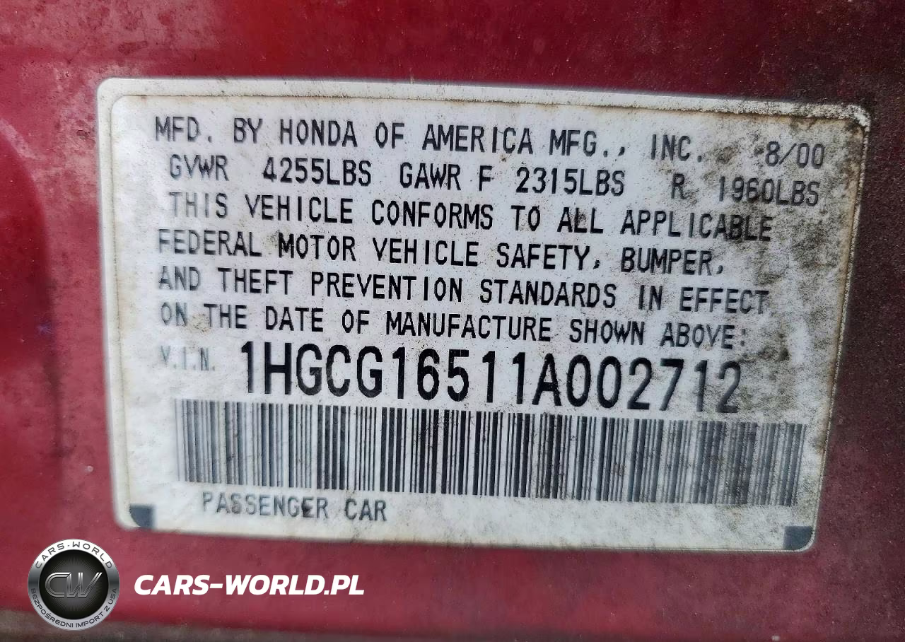 2001 Honda Accord Ex VIN:1HGCG16511A002712 - 12